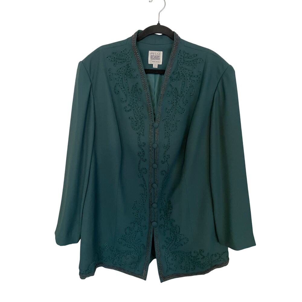 Vtg R&M Richards Karen Kwong 22W Dress Suit Top Green Embroidered Lined Formal